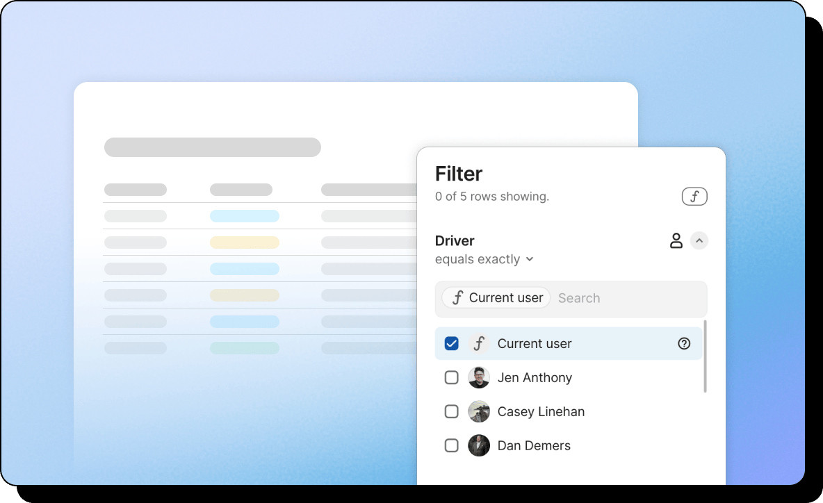 Interface with user filter options and a blurred table background.